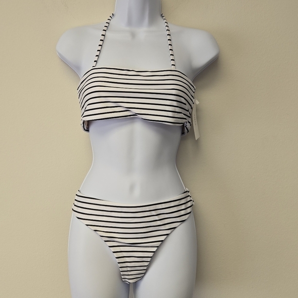 Zaful bandeau two piece bikini set black & white stripes L - Picture 1 of 10